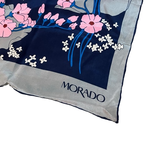 Morado 100% Silk Scarf Pink Blue Grey White Flowers Wrap - Picture 3 of 6
